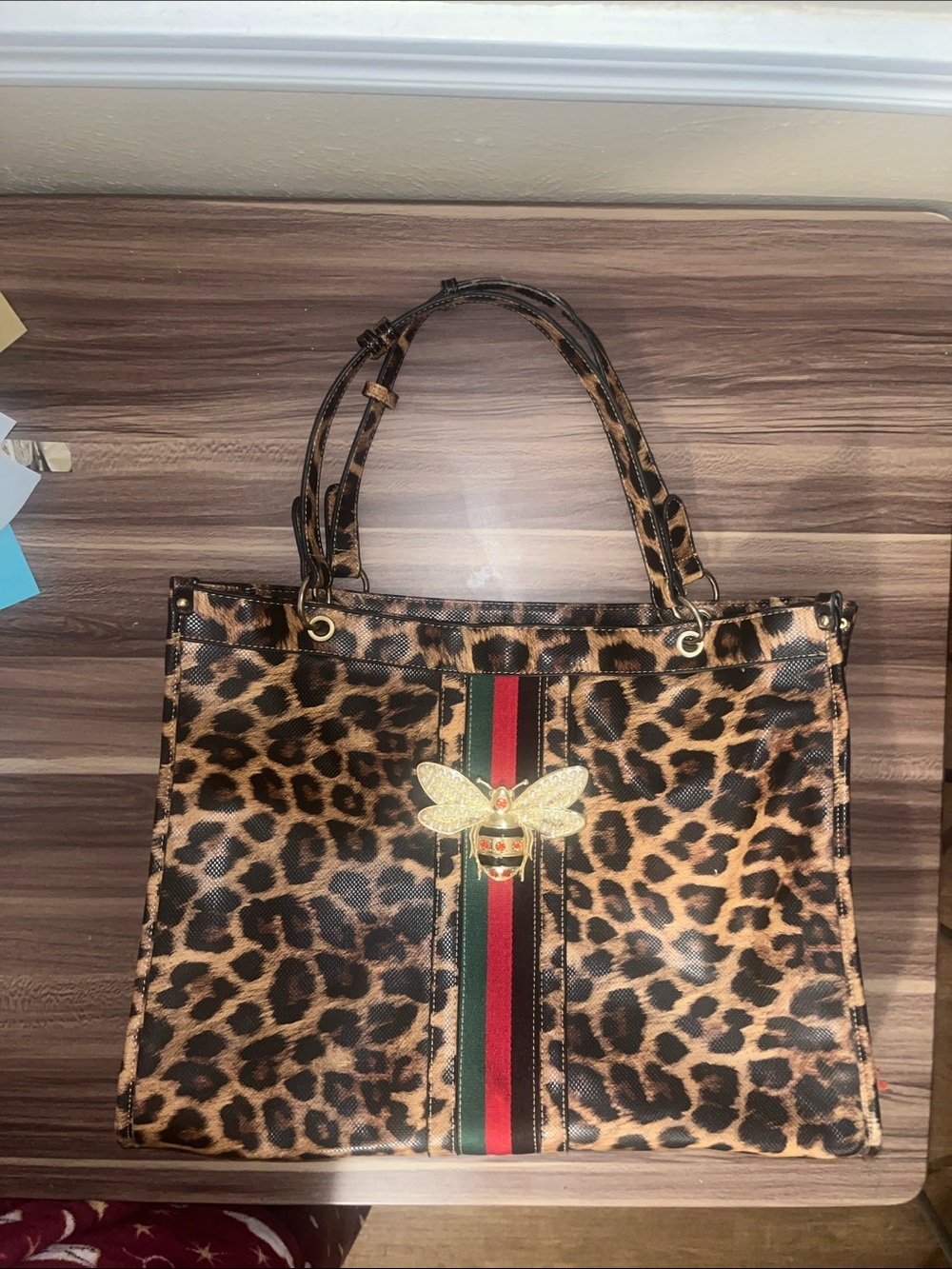 Queen bee Leopard Print Tote Bag with Bee Accent - Brown